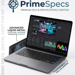 Primespecs Visionary Studio Max high-end workstation with 4K display and liquid metal cooling.