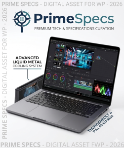 Primespecs Visionary Studio Max high-end workstation with 4K display and liquid metal cooling.