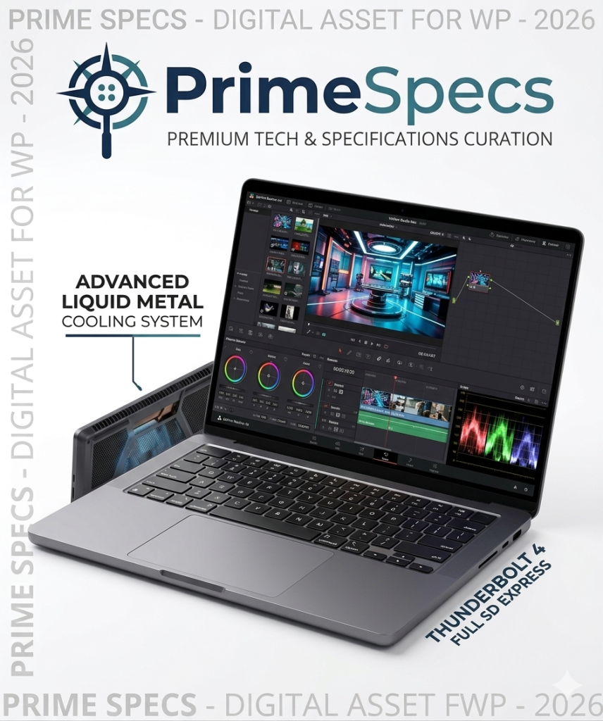 Primespecs Visionary Studio Max high-end workstation with 4K display and liquid metal cooling.