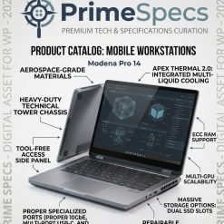 Primespecs Modena Pro 14 mobile workstation in grey aluminum, open showing creative software.