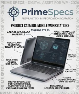 Primespecs Modena Pro 14 mobile workstation in grey aluminum, open showing creative software.