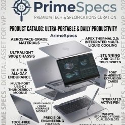 PrimeSpecs Aero 14 ultralight premium ultrabook with silver finish, open at a three-quarter angle.