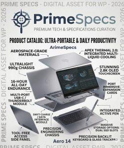 PrimeSpecs Aero 14 ultralight premium ultrabook with silver finish, open at a three-quarter angle.