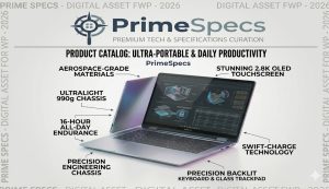 PrimeSpecs Aero 14 ultralight premium ultrabook with silver finish, open at a three-quarter angle.