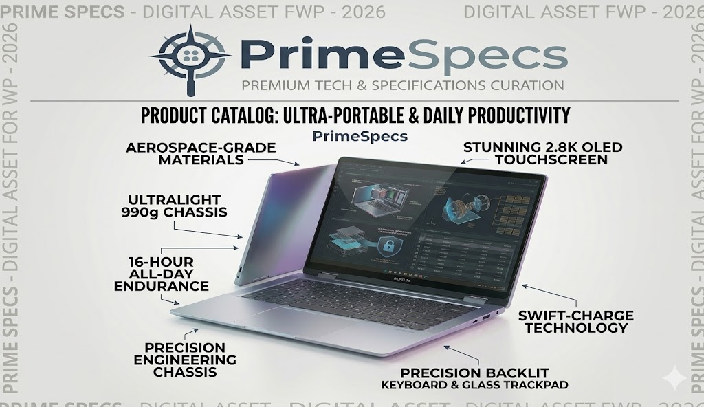 PrimeSpecs Aero 14 ultralight premium ultrabook with silver finish, open at a three-quarter angle.