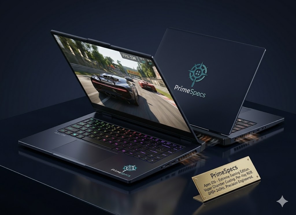 PrimeSpecs Apex G16 Gaming Laptop with RGB keyboard and vapor chamber cooling
