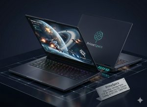 PrimeSpecs Titan Ultra high-performance desktop replacement laptop showing its powerful cooling vents and large 4K display.