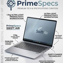 PrimeSpecs Swift Air ultra-lightweight laptop in silver finish, showcasing its thin profile.