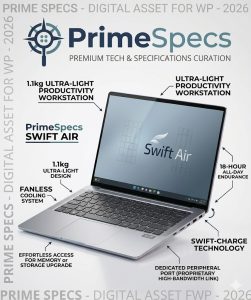 PrimeSpecs Swift Air ultra-lightweight laptop in silver finish, showcasing its thin profile.