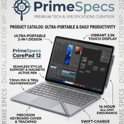 PrimeSpecs CorePad 12 ultra-portable 2-in-1 tablet with keyboard cover and stylus.
