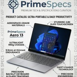 PrimeSpecs Aero 13 ultralight premium ultrabook with silver finish, open at a three-quarter angle.