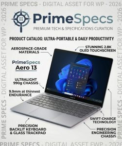 PrimeSpecs Aero 13 ultralight premium ultrabook with silver finish, open at a three-quarter angle.